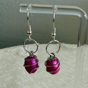 Pink and Silver Toned Wire Wrapped Earrings